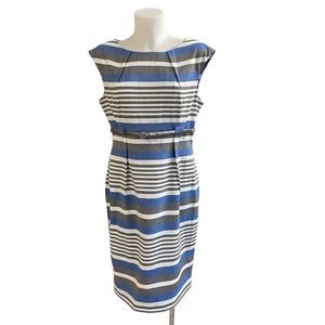 Calvin Klein blue gray white cap sleeve stripe sheath pencil dress sz 12 New!
